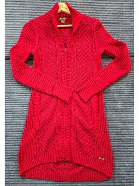 Eddie Bauer Cardigan Sweater Women's Small Long RED Cable Knit Full Zip Gorpcore